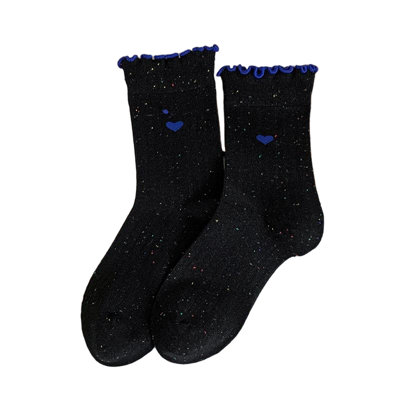 Cute Ribbed Cotton Frill Trim Embroidery Socks for Women