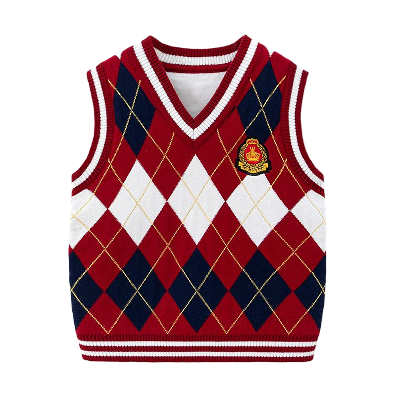 Kids Argyle Knit Vest - Preppy Style V-Neck Sleeveless Sweater Vest for School Uniform