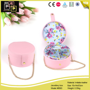 White Pink Round Shape Metal Chain Carrying Jewelry Case