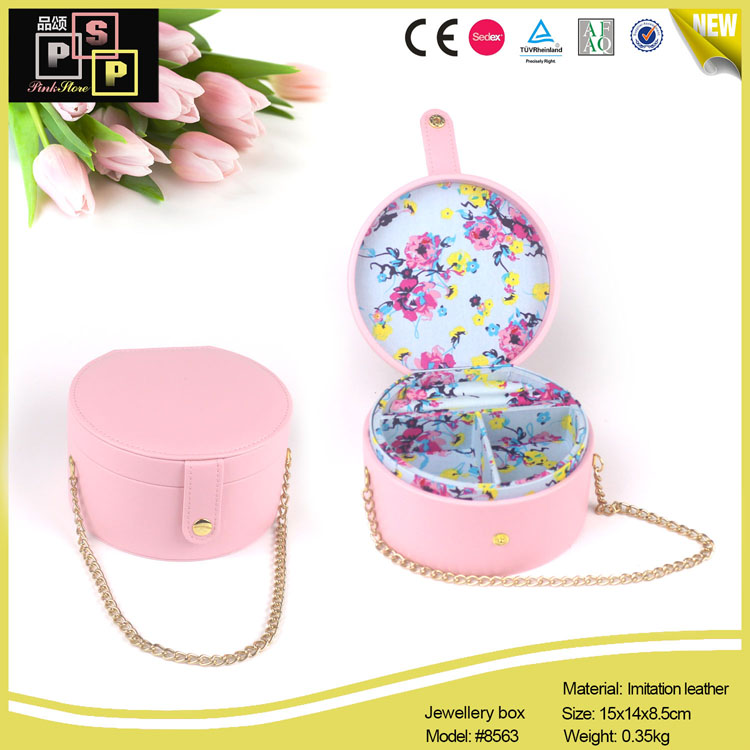 White Pink Round Shape Metal Chain Carrying Jewelry Case