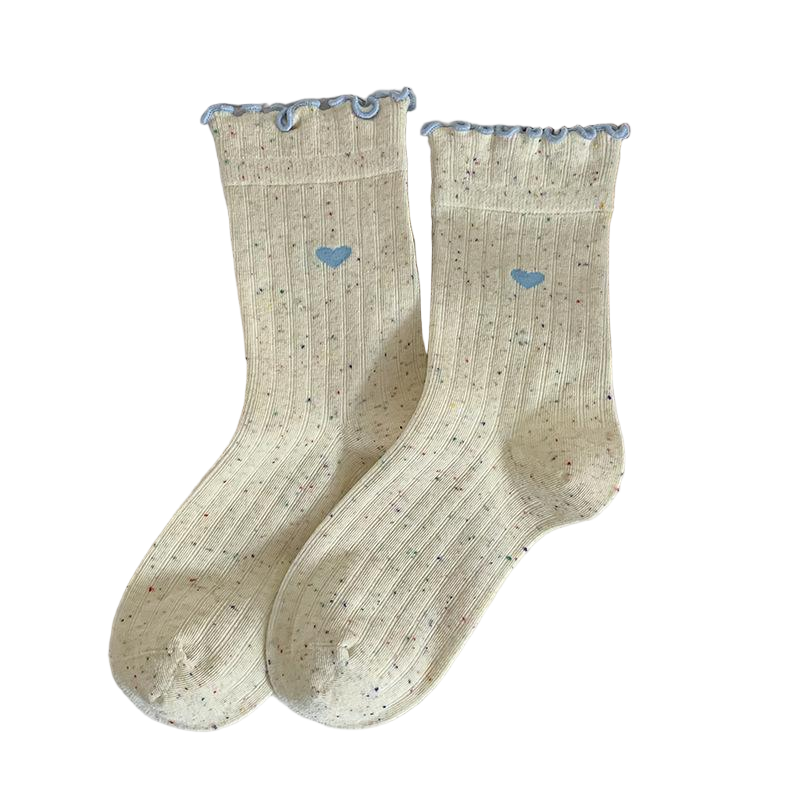 Cute Ribbed Cotton Frill Trim Embroidery Socks for Women