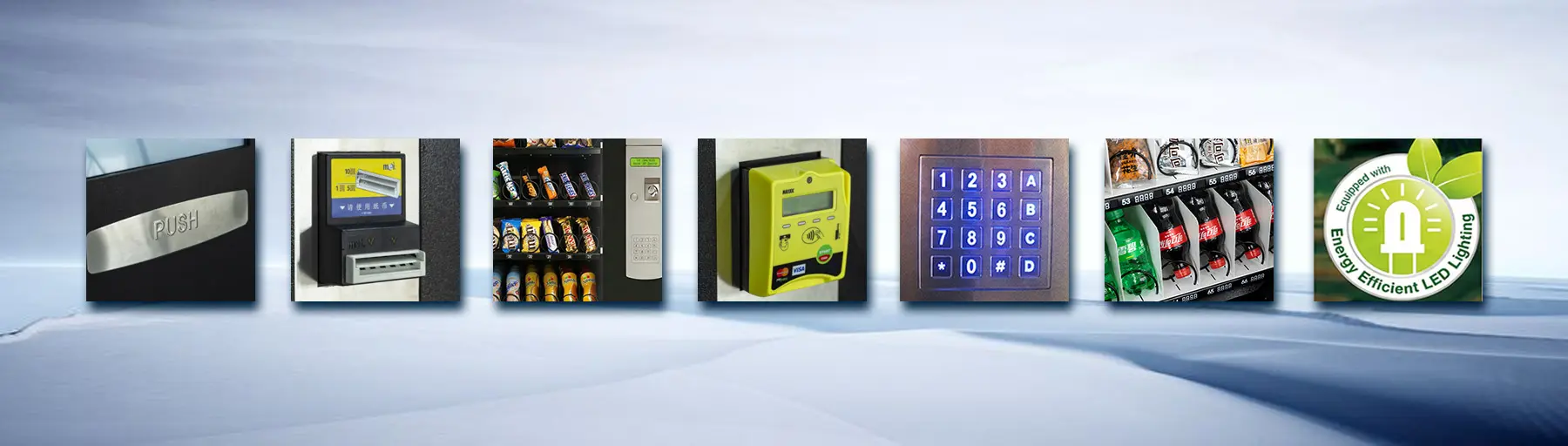 Automatic vending machine components banner: push door, card payment, snack/drink shelves, keypad, LED energy efficient lighting
