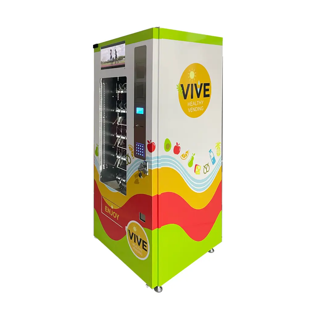 Máquina expendedora combinada con pantalla superior de 15 pulgadas: vista lateral con marca exterior personalizada y terminal de pagos múltiples