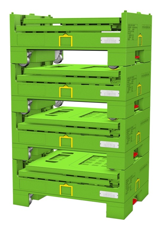 Caja de paletas plegable de plástico de rejilla con ruedas
