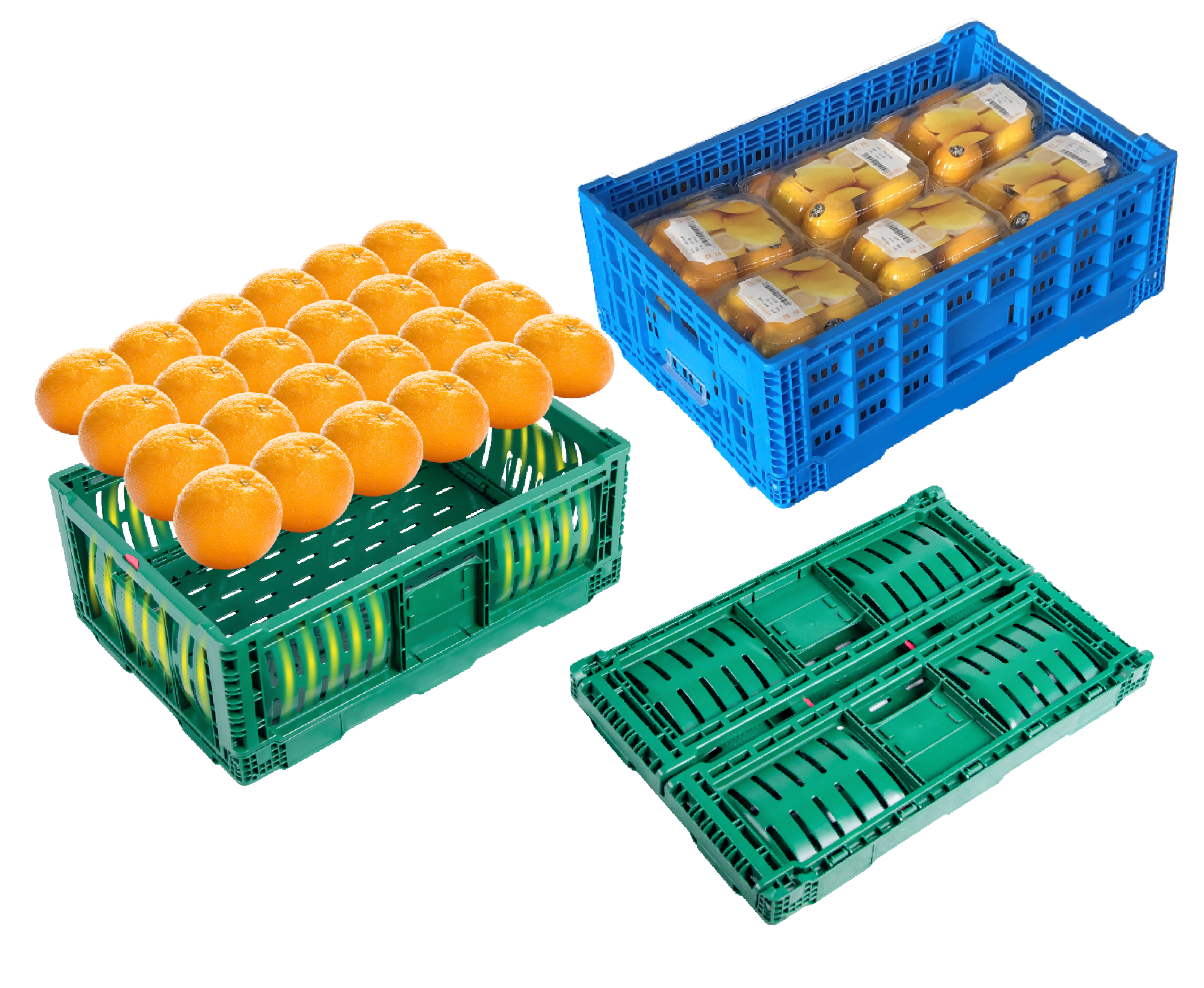 Cajas de plástico plegables para frutas y verduras.