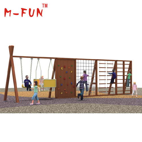 Kids wooden playground with climbing step and swing